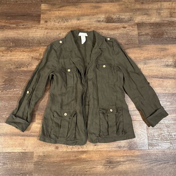 100% Linen Army Green Military Utility Jacket Pockets Roll Tab Sleeves S READ - Picture 1 of 12